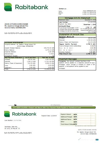 Download Azerbaijan Rabitebank bank mortgage statement scr Photoshop template